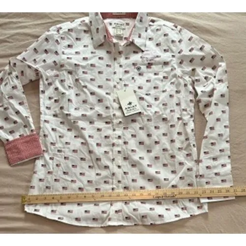 Ariat Real Kirby Stretch Shirt Womens Medium White American Flag Print NWT - Image 3