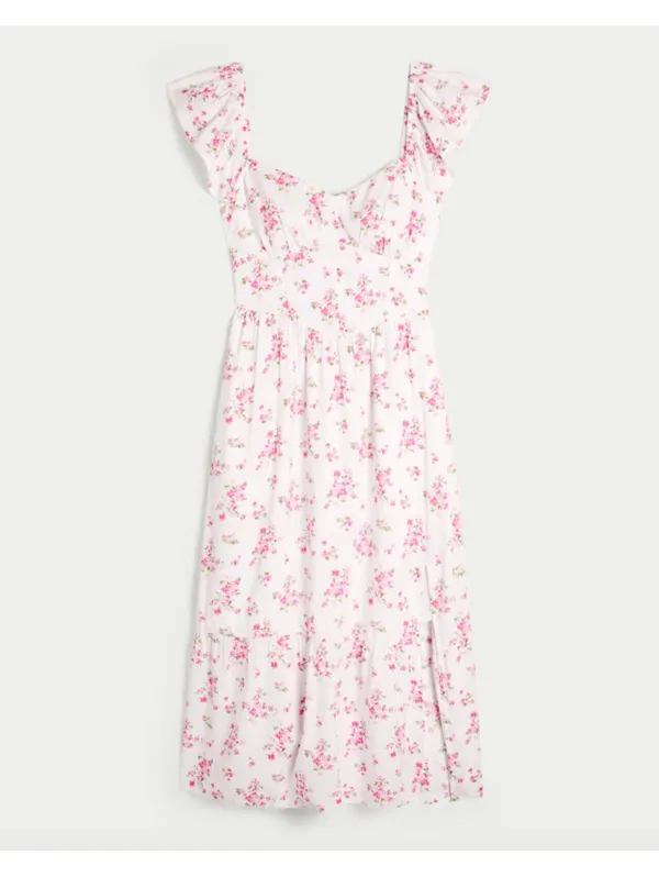(C143) Hollister Pink White Floral Midi Dress XXL Petite V-Neck Flutter Sleeve - Image 4