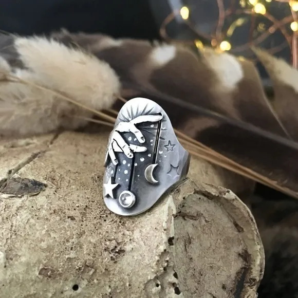 NEW Celestial Moon Star Faux Silver Statement Ring Sz 7 Witchy Gothic Grunge Alt - Image 4