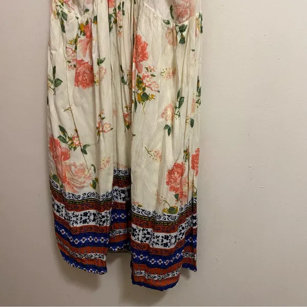 Chloe K Womens Mini Dress XL 38” Beige Pleated Floral Boho Print Blue Orange - Image 8