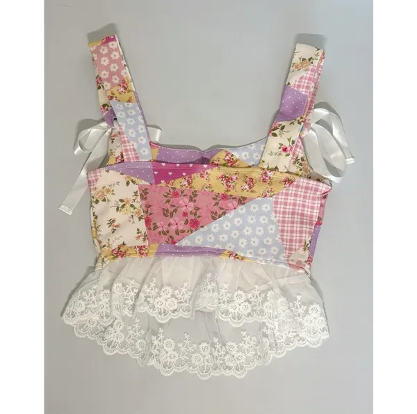 Pink Pastel Coquette Floral Patchwork Lace Bows Top Shirt Blouse Tee Size XS 🎀✨ - Image 3