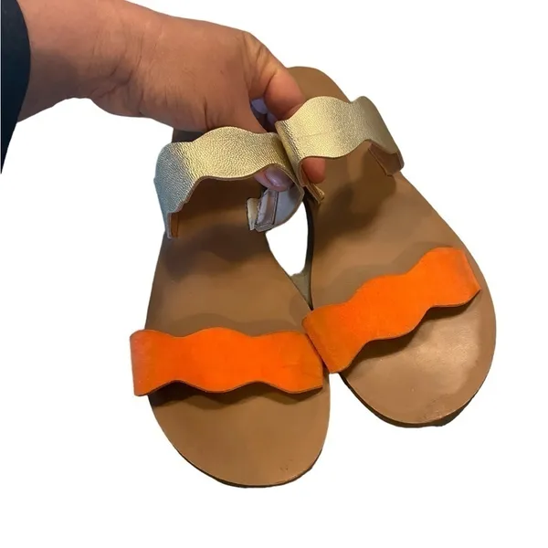 J.Crew Scalloped gold Metallic orange Leather Sandals slides Resortwear Vacation - Image 7
