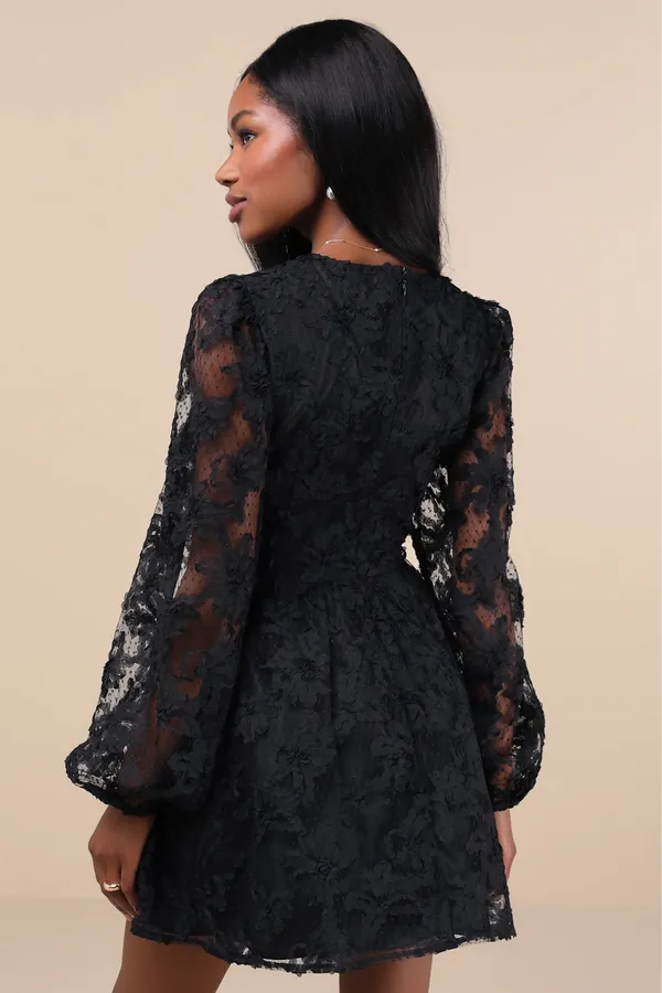 Lulus “Gorgeous Outcome Black Mesh 3D Applique Long Sleeve Mini Dress” - Image 3