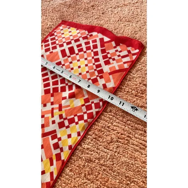 Geometric Silk Feel Scarf Red Orange Yellow Long Rectangle Vintage Style - Image 3