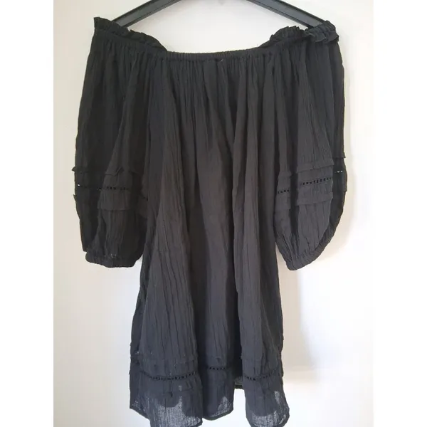 ELAN Black Off Shoulder Mini Dress Ballooo Sleeve Tunic size S 100% Cotton Gauze - Image 11