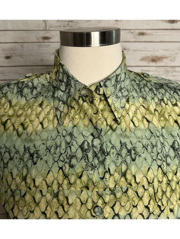 Vintage 100% silk reptile print midi dress Size 16 yellow green button up safari - Image 2