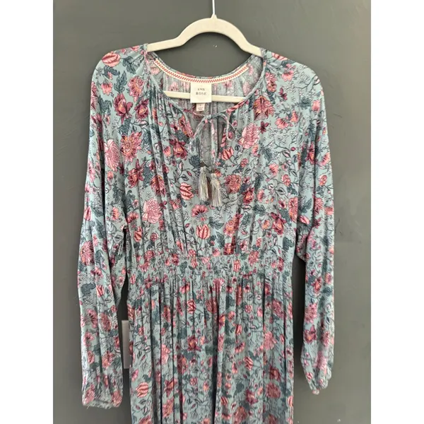 Knox Rose Blue Pink Floral Smocked‎ Waist Midi Dress with Pockets Large Boho - Image 3