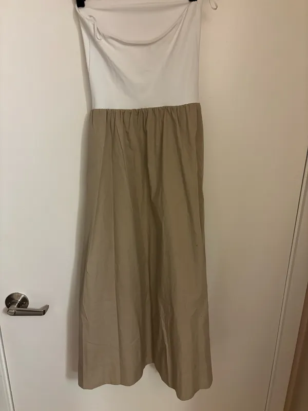 Aritzia Babaton Fluid Poplin Dress 2XS Cola Taupe Bright White Strapless Midi - Image 3