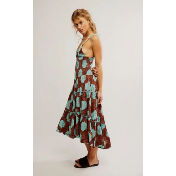 Free People Bohemian Beachy Hawaiian Adriel Midi Dress Brown Blue Floral Small - Image 13