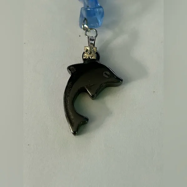 Handmade Tumbled Blue Glass Chip & Hematite Dolphin Charm Keychain In Gift Box - Image 2