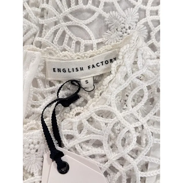 NEW English Factory Mini Dress White Chanall Floral Crochet Overlay A Line Small - Image 11