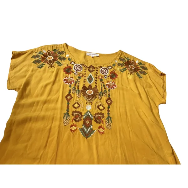 Solitaire Mustard Yellow Embroidered Boho Blouse Rayon Short Sleeve Top 21-232 M - Image 6