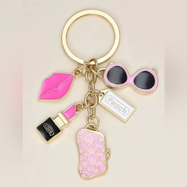 New Lipstick w/Sunglasses Fashion Keychain/Bag Charm Pink w/Gold - Image 3