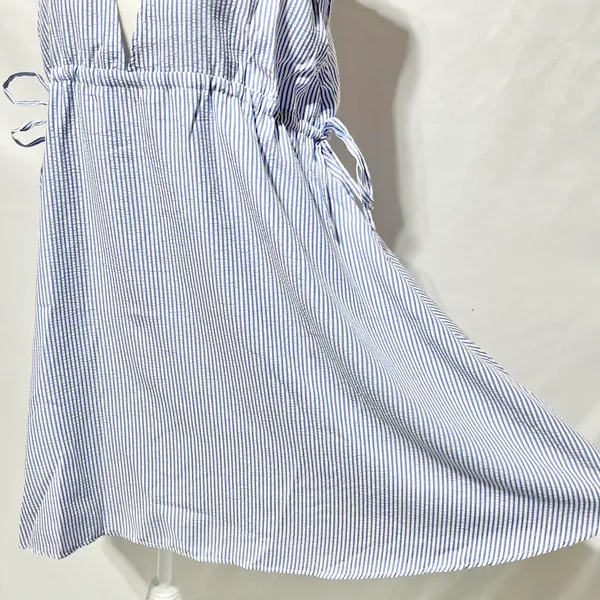 New ASOS Seersucker Plunge V-Neck Tie Waist Mini Sundress Blue White Size 4 - Image 10
