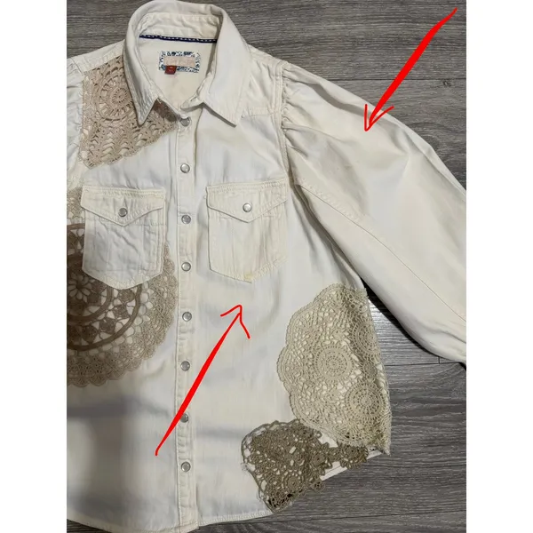 Pilcro Anthropologie XS Shirt Crochet Lace Patchwork‎ Denim Cream Puff Sleeve - Image 9