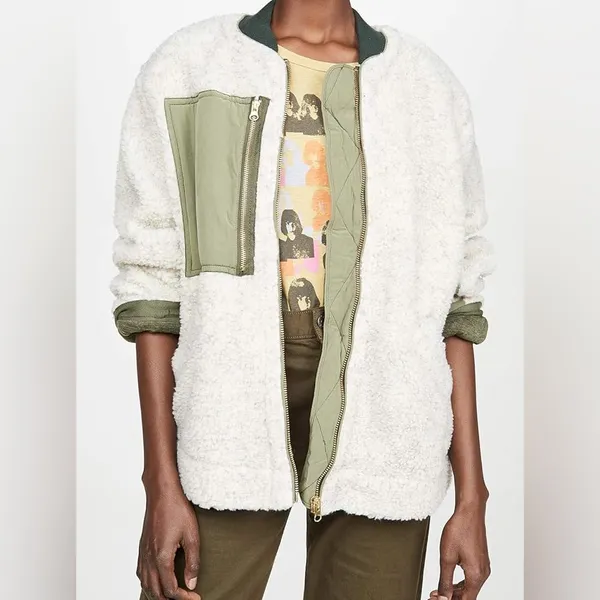 NWT Free People Rivington Sherpa jacket in green cream desert combo - Image 5