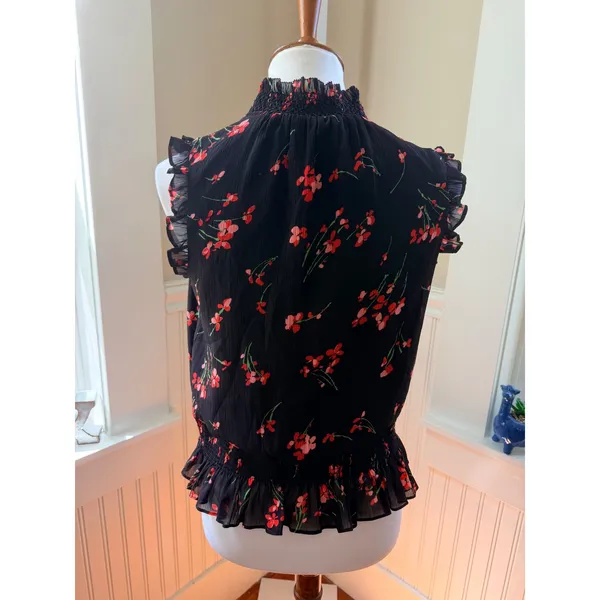 J.Crew Floral Smocked High Neck Ruffle Sleeveless Blouse Black Red Size 2 - Image 3