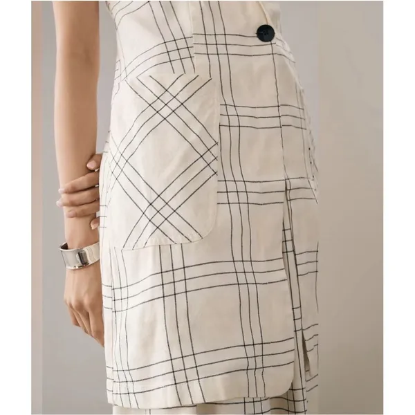 Maeve Anthropologie Long Linen Plaid Duster Vest Ivory Windowpane Academia‎ Sz 4 - Image 4