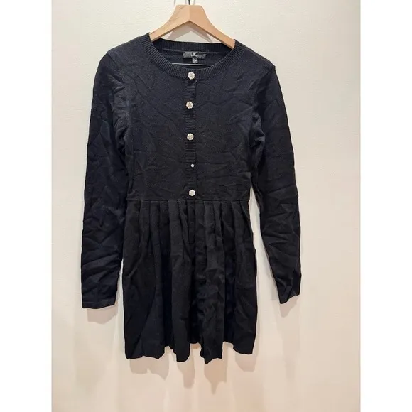 Lulus Black Ribbed Knit Button Front Pleated Skirt‎ Dress Size M - Image 2