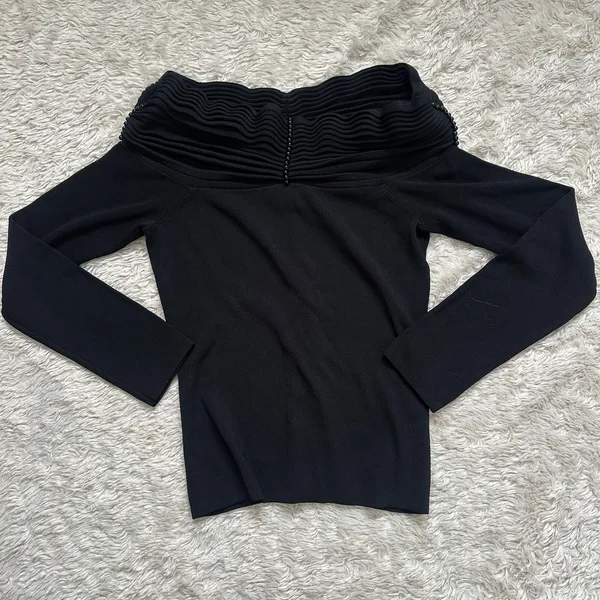 Vintage Cabo S Off the Shoulder Black Stretch Knit Sweater Long Sleeve Beaded - Image 2