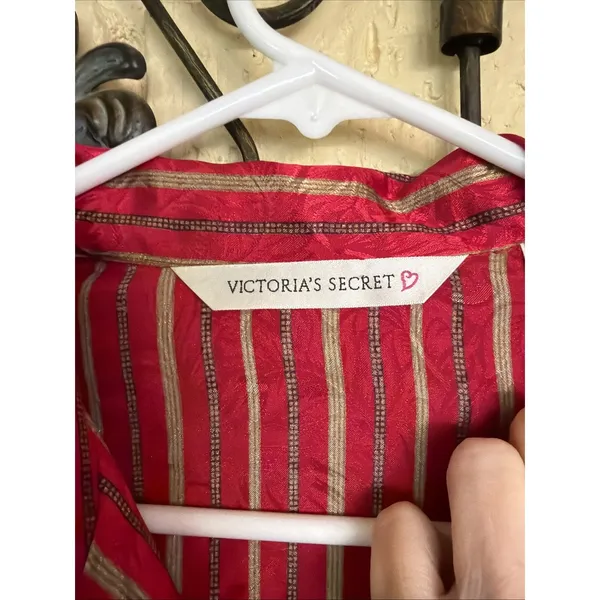 Vintage 90s Victoria Secret Nightshirt Nightgown Button Up Satin Red Gold Sz M - Image 4