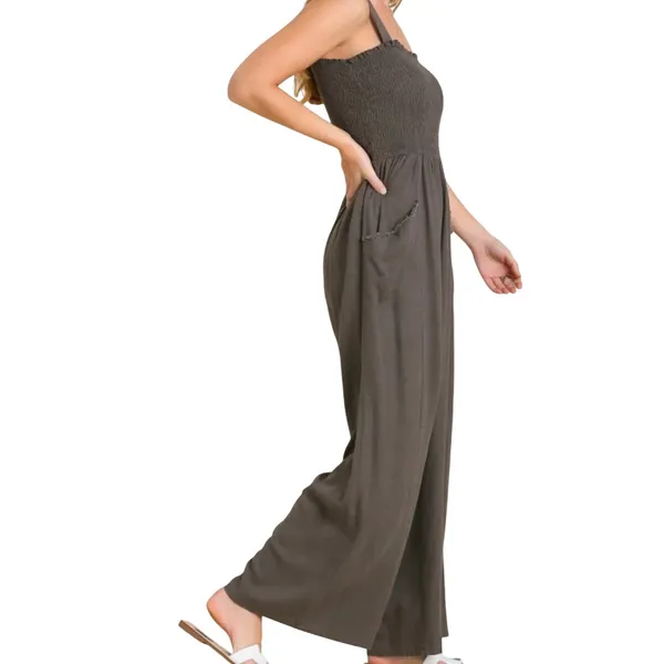 Rustic Rack Wide Leg Jumpsuit Womens Large Gray Smocked Boho Slouchy Lounge‎ - Image 2