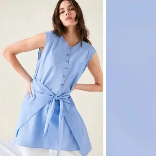 ZARA Knotted Tie Front Sleeveless Shirt Dress‎ Tunic Light Blue Size XS - Image 2