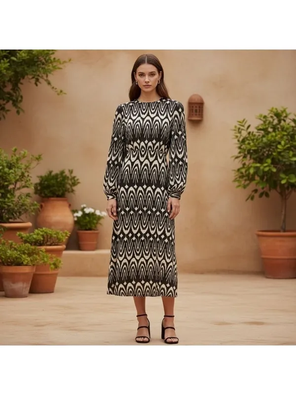 Zara Printed Midriff Cutout Brown Cream Ikat Tribal Puff Sleeve Maxi Dress Sz S - Image 2