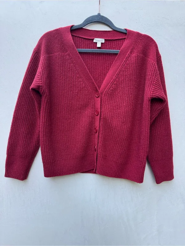 Garnet Hill 100% Cashmere Cardigan Sweater Burgundy Red V Neck Button XS - Image 5