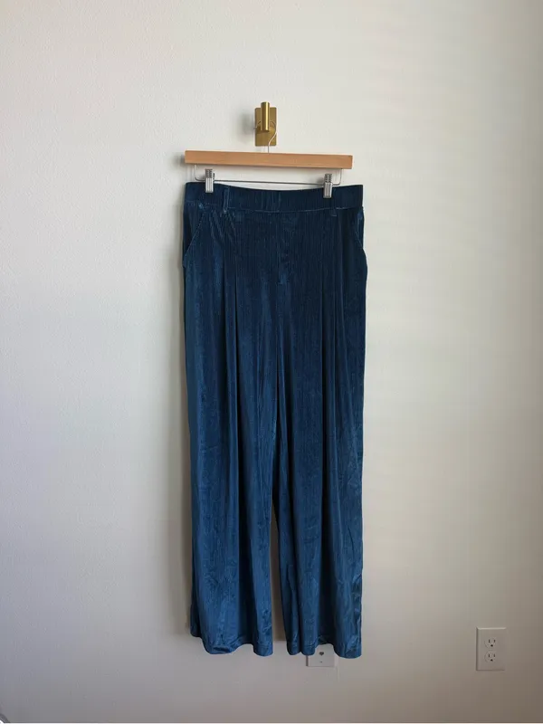 Halara Ribbed Velvet Palazzo Pants Blue Teal High Waisted Wide Leg Pull On Large - Image 6