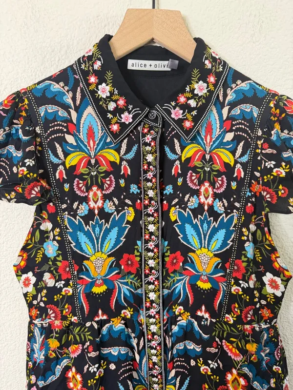 Alice + Olivia‎ Meeko Embroidered Tiered Floral Print Crepe Mini Shirt Dress 4 - Image 6