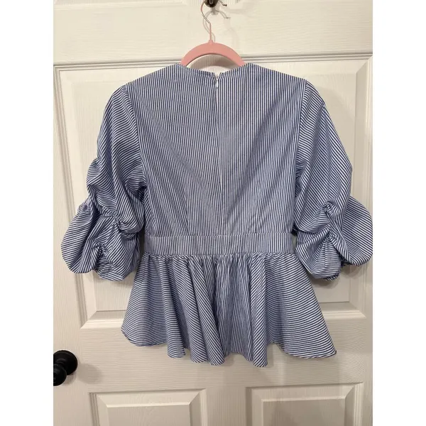 DO+BE Blue/White Boutique Pinstripe Ruffled Sleeve Plunge Top, S - Image 7