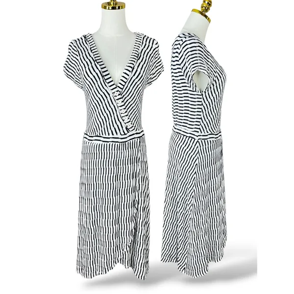 Maeve Anthropologie Womens Black White Striped Faux Wrap Midi Dress Medium A35 - Image 9
