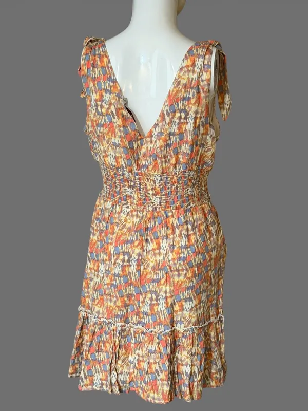 Gypsies & Moondust Tie-Shoulder Mini Dress in Orange, Blue & Cream - Image 4