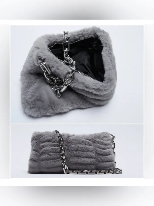 Zara Grey Faux Fur Shoulder Bag with Silver Chain - Image 3