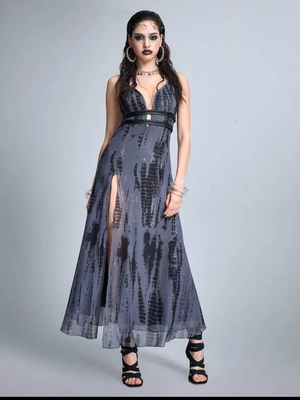 Sleek Gray Grunge Goth Plunge Maxi Dress with High Slit New - Image 6
