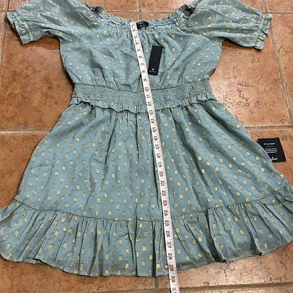 NWT Lulu’s Touch of Glam Dusty‎ Blue Dotted Off-the-Shoulder Mini Dress size L - Image 16