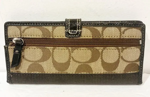 Coach Brown Signature Bifold Snap Wallet Y2K VTG Leather ID window 10 Card Slots - Image 5