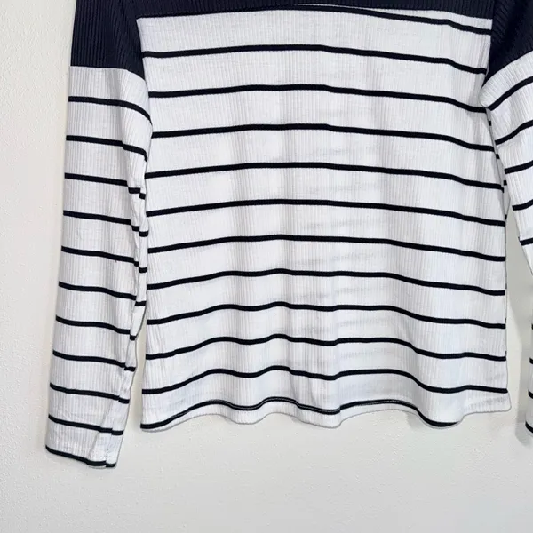 Shein Striped Top White Black Contrast Ribbed Fitted Long Sleeve - Image 6