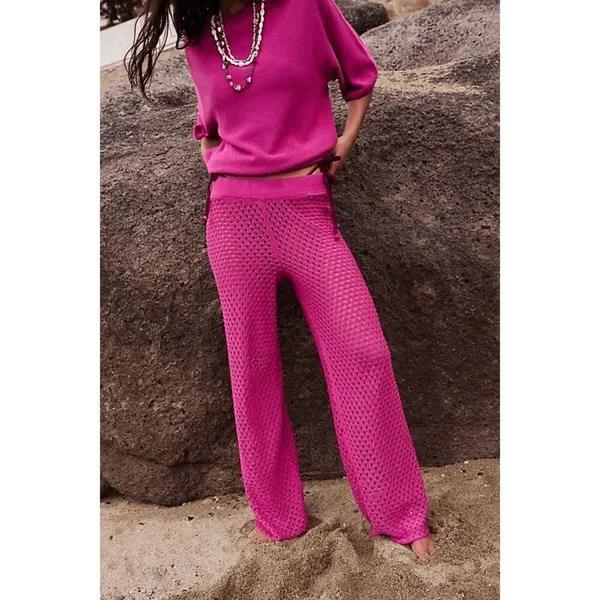 Free People Beach Sola Fiji Hot Pink Open Knit Wide Leg Pants Medium NWOT - Image 11