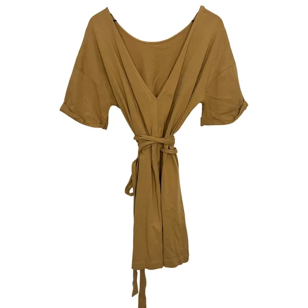 Zara Belted Tunic Shirt Mini Dress Brown Beige Size Large 100% Cotton - Image 2