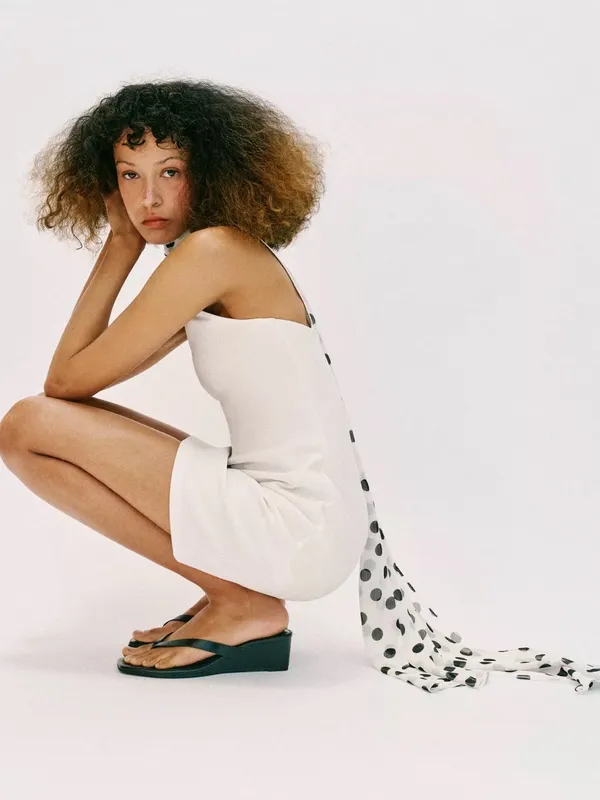 ZARA White One-Shoulder Mini Dress with Polka Dot Scarf - Image 5