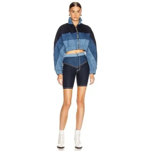 Unbranded Women NA Colorblock Denim Cropped Bomber Jacket Blue Black‎ Mock Neck - Image 4