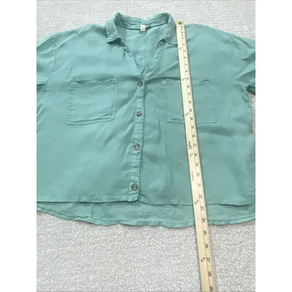 Pilcro Anthropologie Green Linen Blend Short Sleeve Button Up Cropped Shirt S - Image 9
