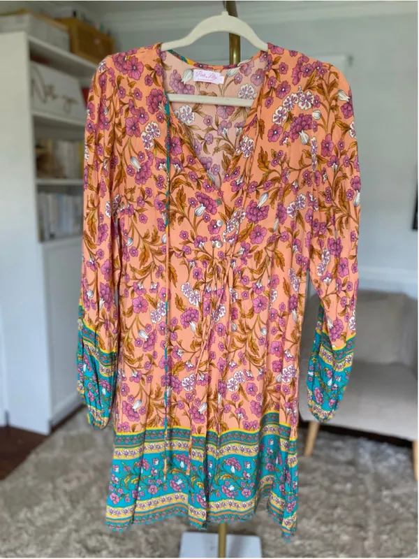 Pink Lily Peach Floral Boho Dress Coastal Resort Beach Boho Lightweight Feminine - Image 2