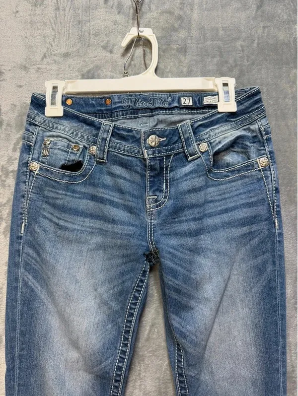 Miss Me Womens Ankle Skinny Jeans Blue Sequins Rhinestones Size 27 JP8715AK - Image 3
