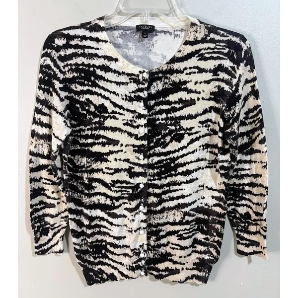 Talbots Cardigan Sweater Womens S Black Cream Excellent Tiger Stripe Button Up‎ - Image 3