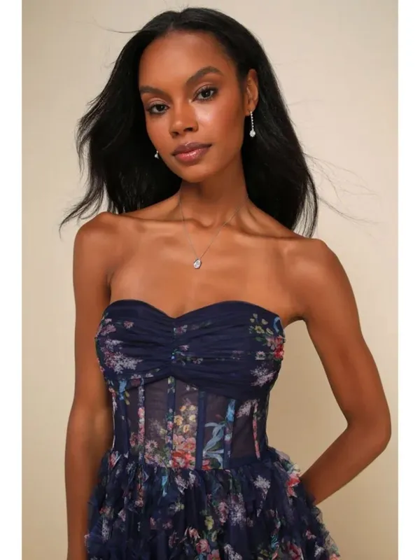 NWT Lulus Stunning Element Navy Floral Mesh Ruffled Strapless Maxi Dress - Small - Image 9