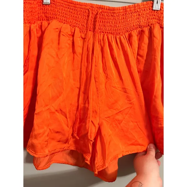 Aerie Flowy Smocked Waist Shorts Womens XL Orange Satin Feel Drawstring - Image 2