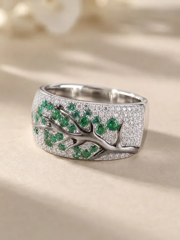 Emerald Tree of Life Silver Tone Statement Ring Size 6 NWT - Image 2